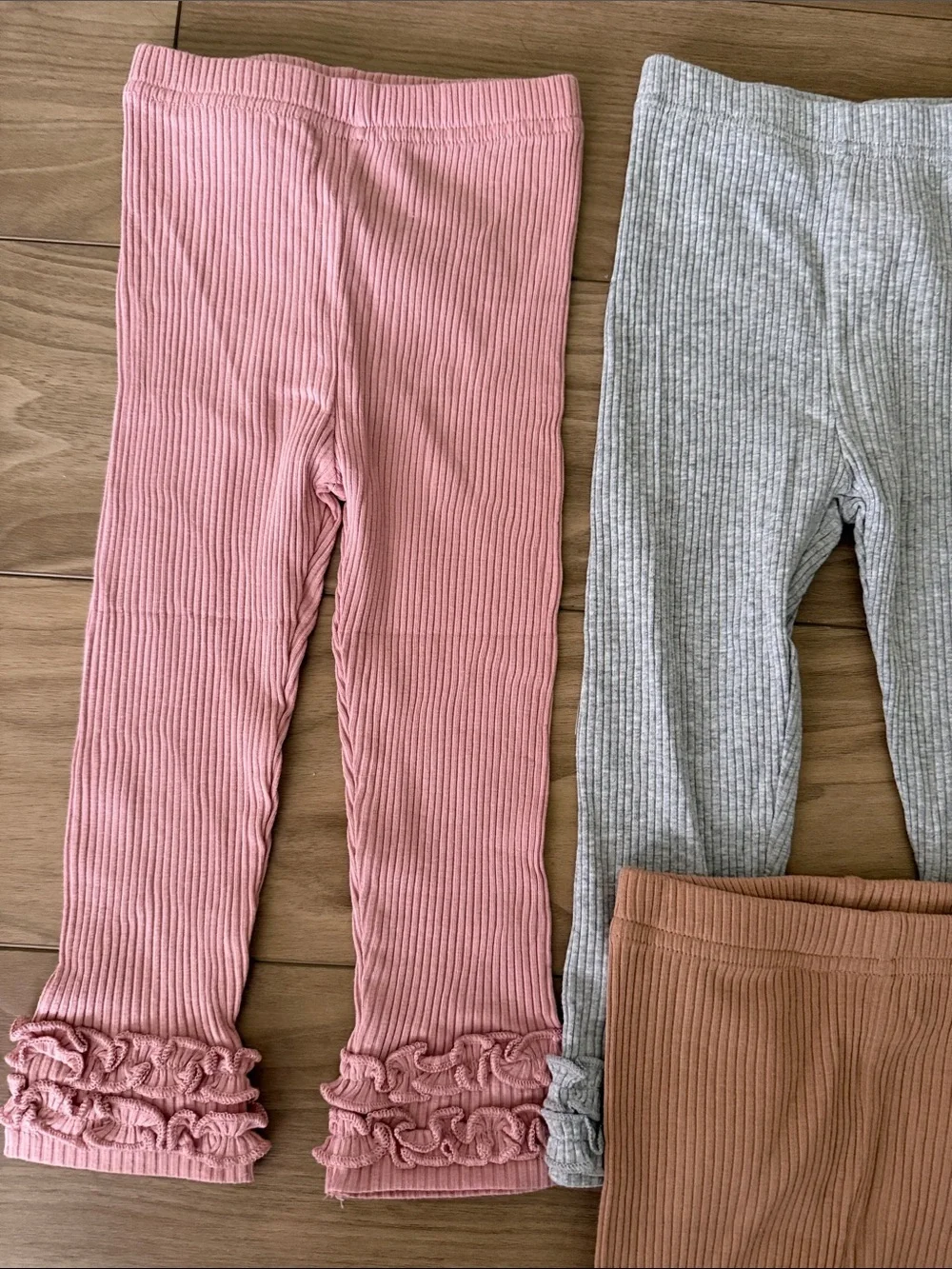 Ribbed Ruffle Hem Kids Leggings - Pink, Gray, Cream, Brown